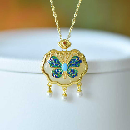 925 Silver Inlaid Hetian Nephrite "Ruyi Lock & Dream Butterfly" Pendant - jewelry - weilin.com