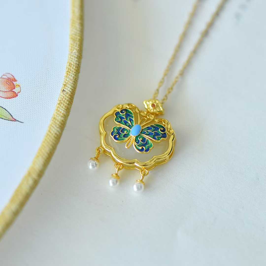 925 Silver Inlaid Hetian Nephrite "Ruyi Lock & Dream Butterfly" Pendant - jewelry - weilin.com