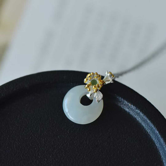 925 Silver Inlaid Hetian Nephrite "September Chrysanthemum (Twelve Flower Gods)" Jewelry Set - jewelry - weilin.com