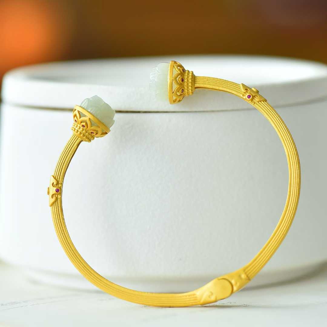 925 Silver Inlaid Hetian Nephrite "Small Lotus & Endless Luck" Bracelet - jewelry - weilin.com