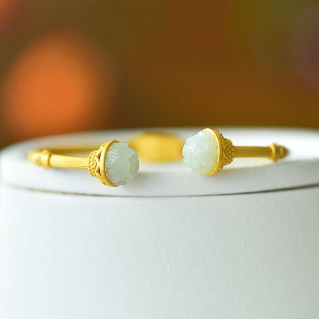 925 Silver Inlaid Hetian Nephrite "Small Lotus & Endless Luck" Bracelet - jewelry - weilin.com