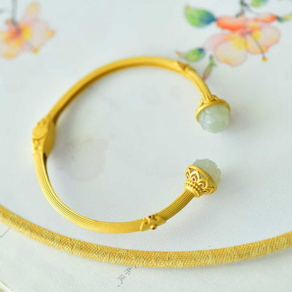 925 Silver Inlaid Hetian Nephrite "Small Lotus & Endless Luck" Bracelet - jewelry - weilin.com