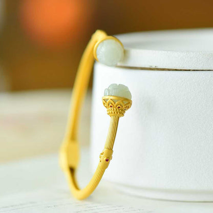 925 Silver Inlaid Hetian Nephrite "Small Lotus & Endless Luck" Bracelet - jewelry - weilin.com