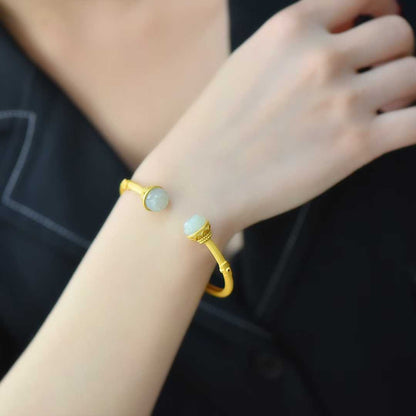 925 Silver Inlaid Hetian Nephrite "Small Lotus & Endless Luck" Bracelet - jewelry - weilin.com