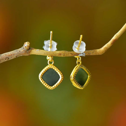 925 Silver Inlaid Hetian Nephrite "Small Square Sugar" Earrings - jewelry - weilin.com