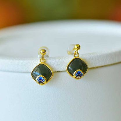 925 Silver Inlaid Hetian Nephrite "Small Square Sugar" Earrings - jewelry - weilin.com