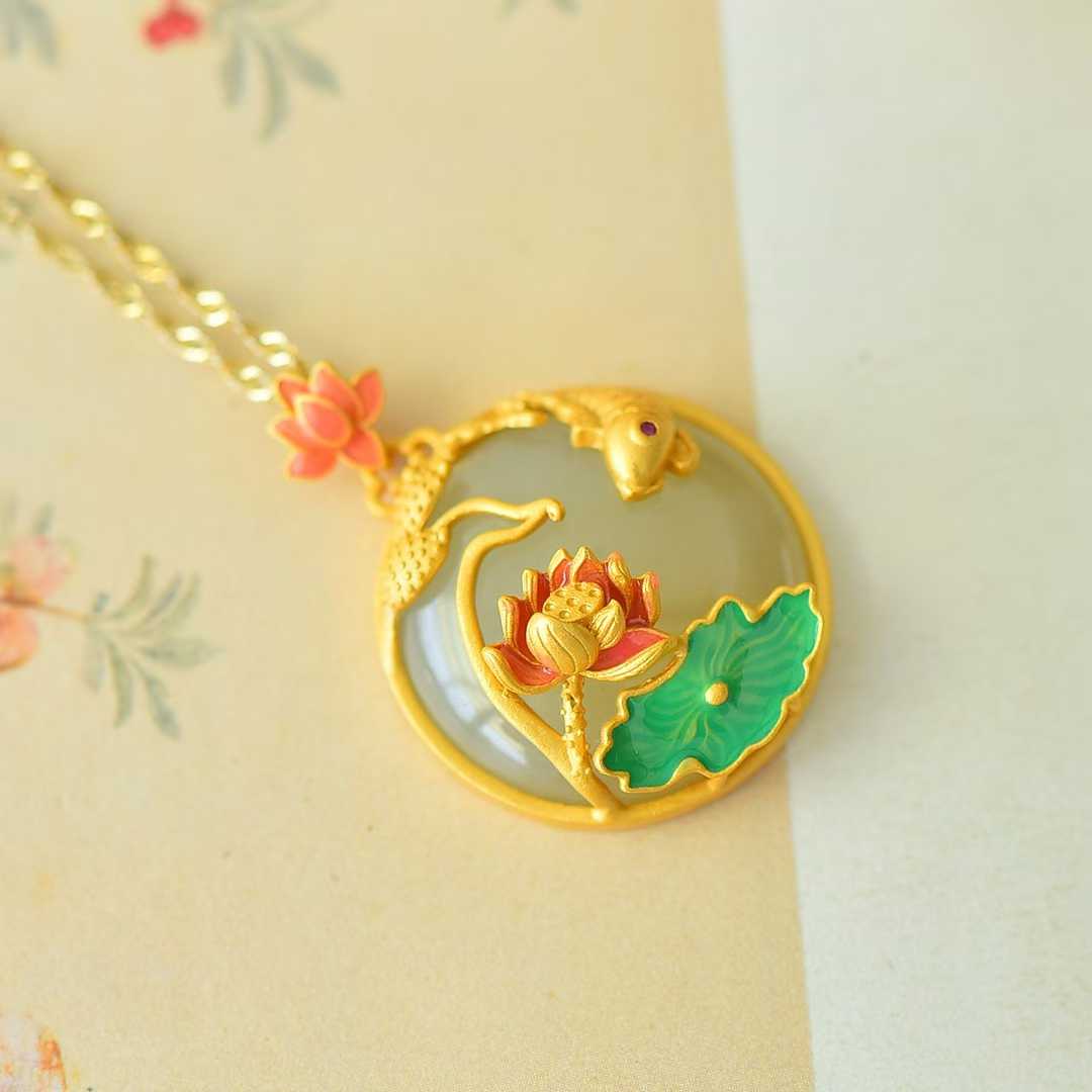 925 Silver Inlaid Hetian Nephrite Smoky Gray Cabochon "Lotus & Abundant Surplus" Pendant - jewelry - weilin.com