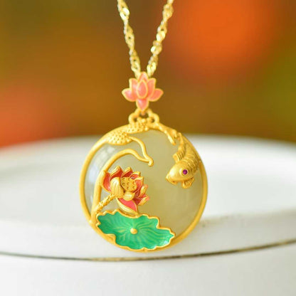 925 Silver Inlaid Hetian Nephrite Smoky Gray Cabochon "Lotus & Abundant Surplus" Pendant - jewelry - weilin.com