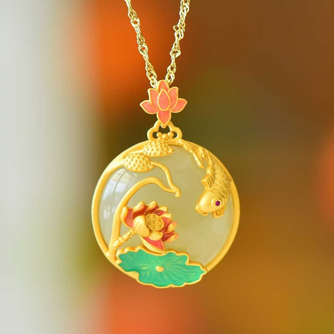 925 Silver Inlaid Hetian Nephrite Smoky Gray Cabochon "Lotus & Abundant Surplus" Pendant - jewelry - weilin.com