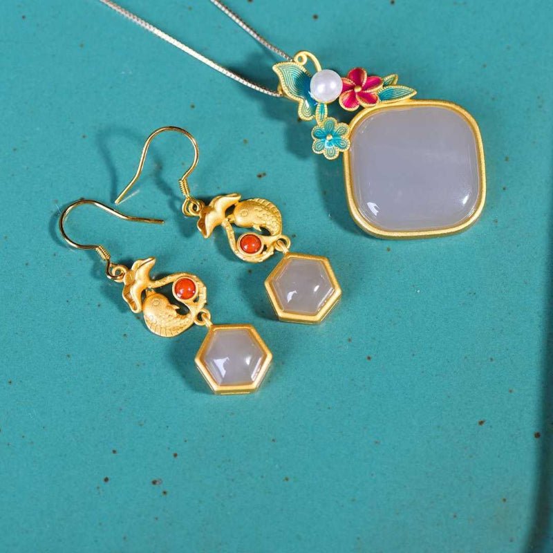 925 Silver Inlaid Hetian Nephrite "Smoky Gray" Jewelry Set - jewelry - weilin.com