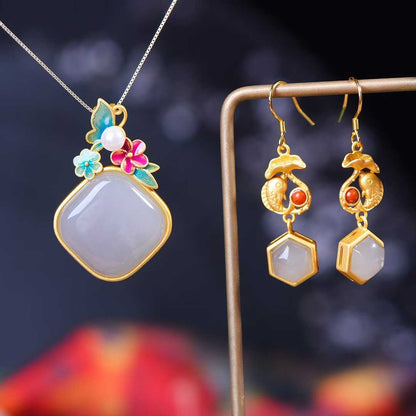 925 Silver Inlaid Hetian Nephrite "Smoky Gray" Jewelry Set - jewelry - weilin.com