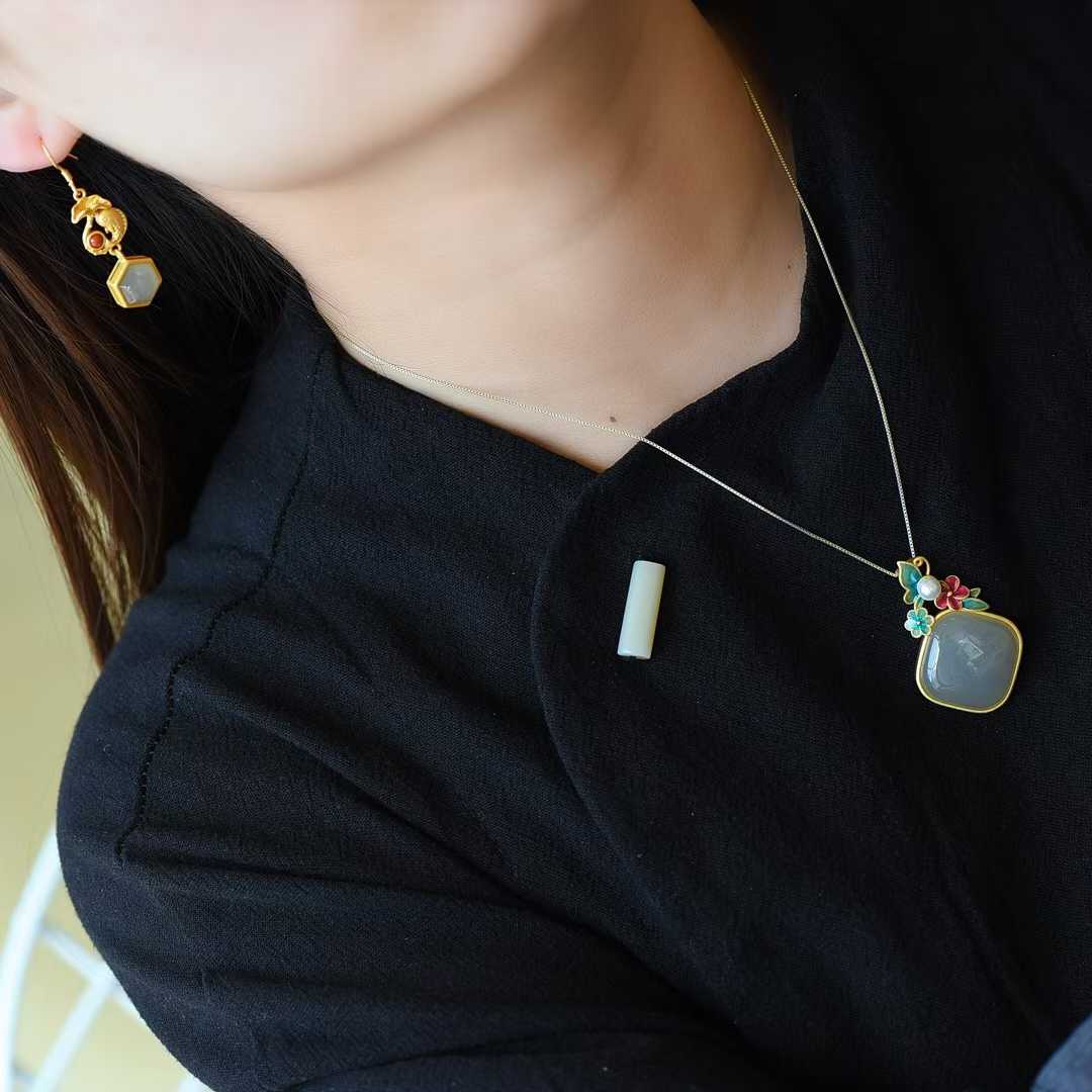 925 Silver Inlaid Hetian Nephrite "Smoky Gray" Jewelry Set - jewelry - weilin.com