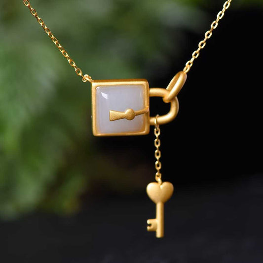 925 Silver Inlaid Hetian Nephrite "Smoky Gray Key & Lock" Pendant - jewelry - weilin.com