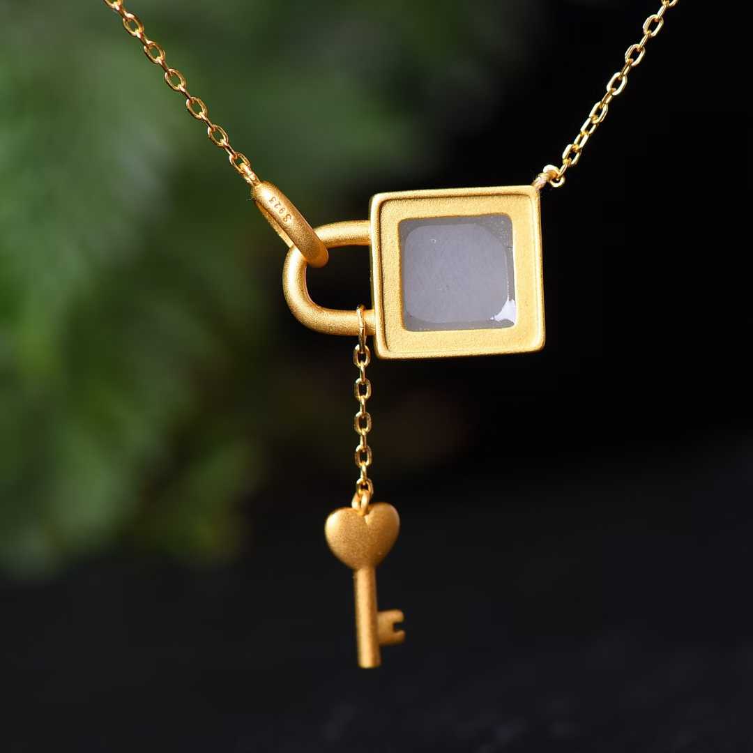 925 Silver Inlaid Hetian Nephrite "Smoky Gray Key & Lock" Pendant - jewelry - weilin.com