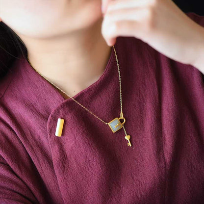 925 Silver Inlaid Hetian Nephrite "Smoky Gray Key & Lock" Pendant - jewelry - weilin.com