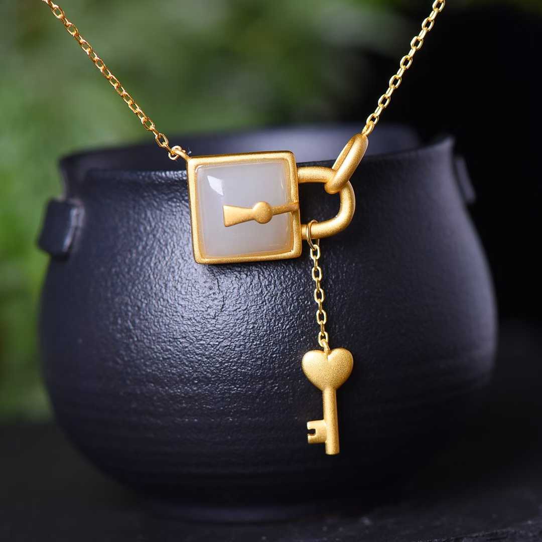 925 Silver Inlaid Hetian Nephrite "Smoky Gray Key & Lock" Pendant - jewelry - weilin.com