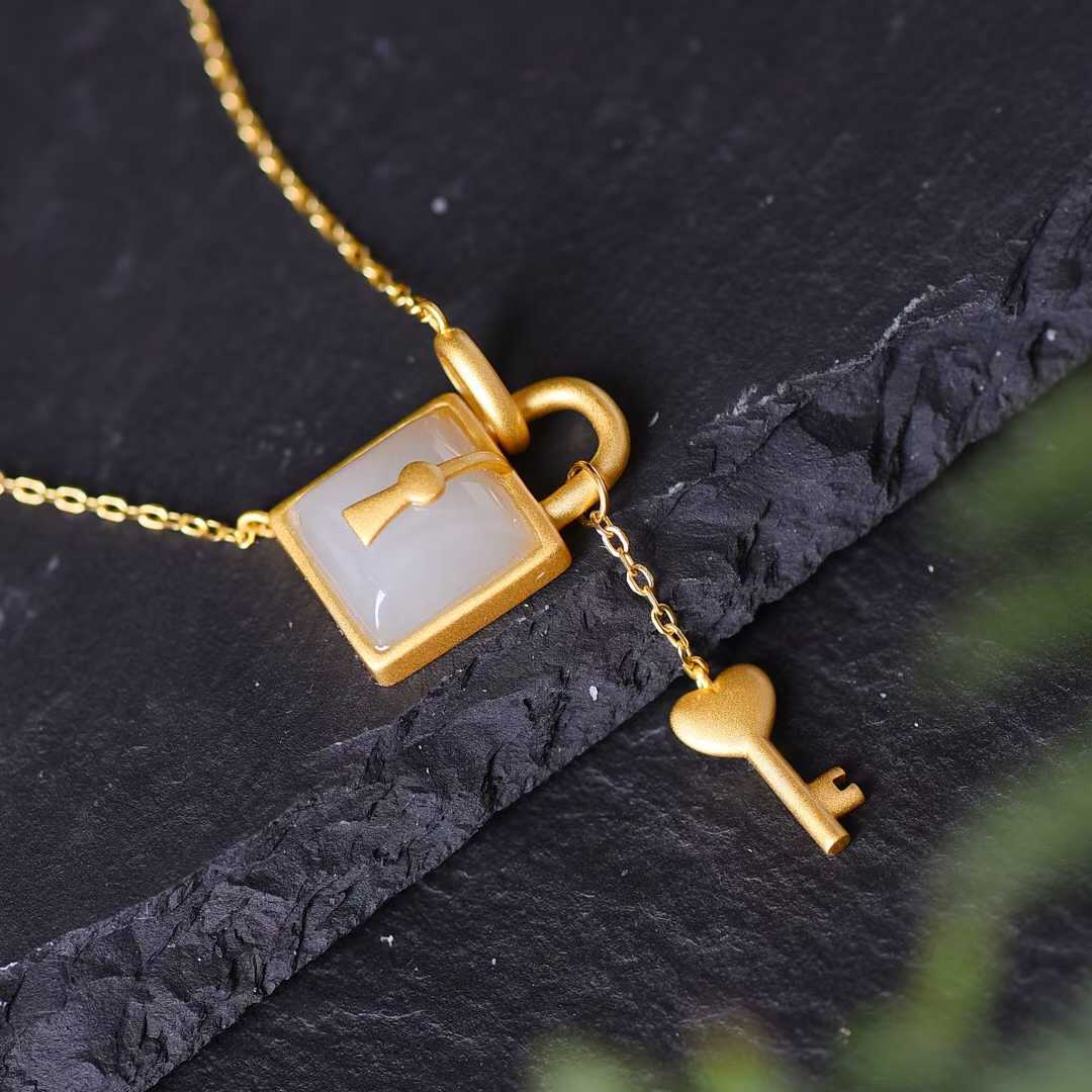 925 Silver Inlaid Hetian Nephrite "Smoky Gray Key & Lock" Pendant - jewelry - weilin.com