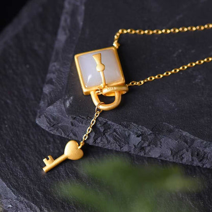 925 Silver Inlaid Hetian Nephrite "Smoky Gray Key & Lock" Pendant - jewelry - weilin.com