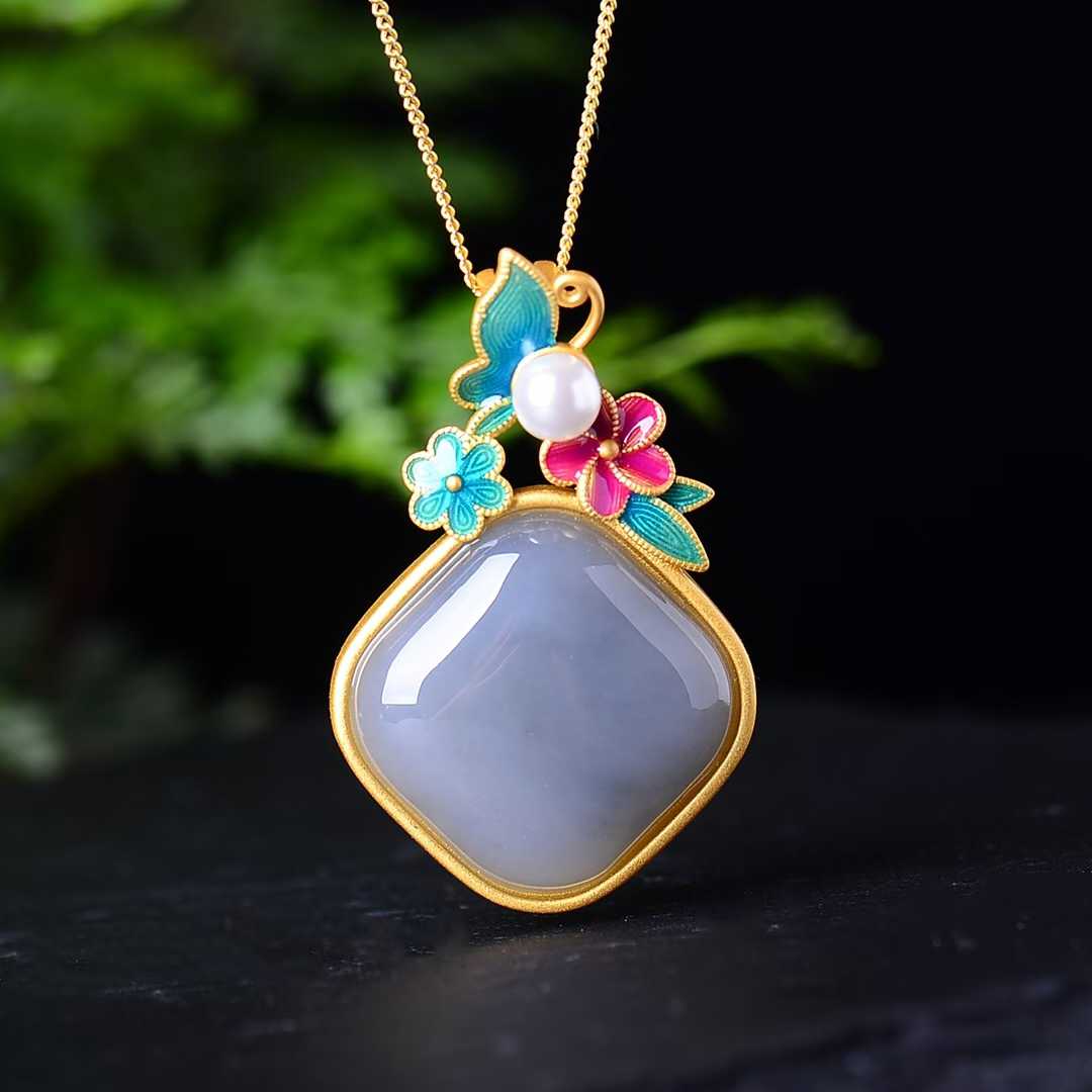 925 Silver Inlaid Hetian Nephrite "Smoky Gray & Matte Gold Enamel" Pendant - jewelry - weilin.com