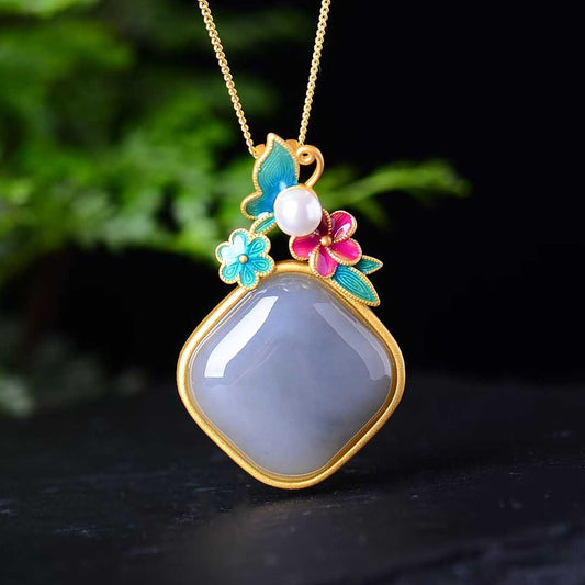 925 Silver Inlaid Hetian Nephrite "Smoky Gray & Matte Gold Enamel" Pendant - jewelry - weilin.com