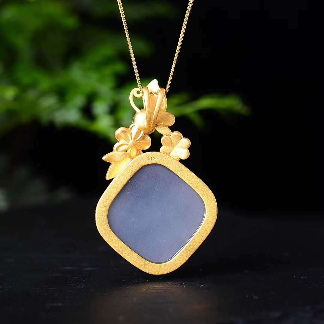 925 Silver Inlaid Hetian Nephrite "Smoky Gray & Matte Gold Enamel" Pendant - jewelry - weilin.com