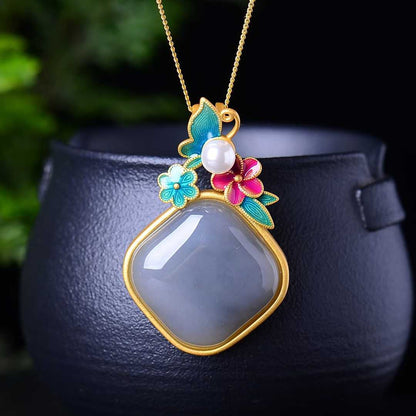 925 Silver Inlaid Hetian Nephrite "Smoky Gray & Matte Gold Enamel" Pendant - jewelry - weilin.com