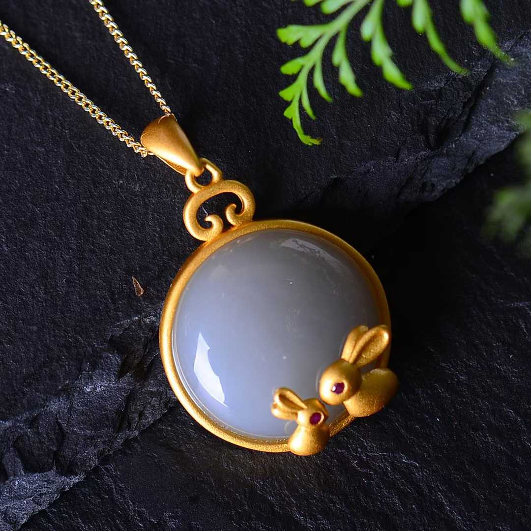 925 Silver Inlaid Hetian Nephrite "Smoky Gray Round Drum Rabbit" Pendant - jewelry - weilin.com
