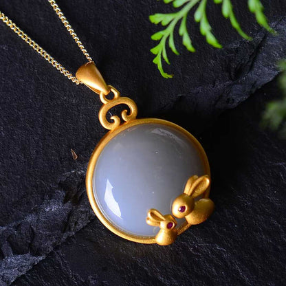 925 Silver Inlaid Hetian Nephrite "Smoky Gray Round Drum Rabbit" Pendant - jewelry - weilin.com