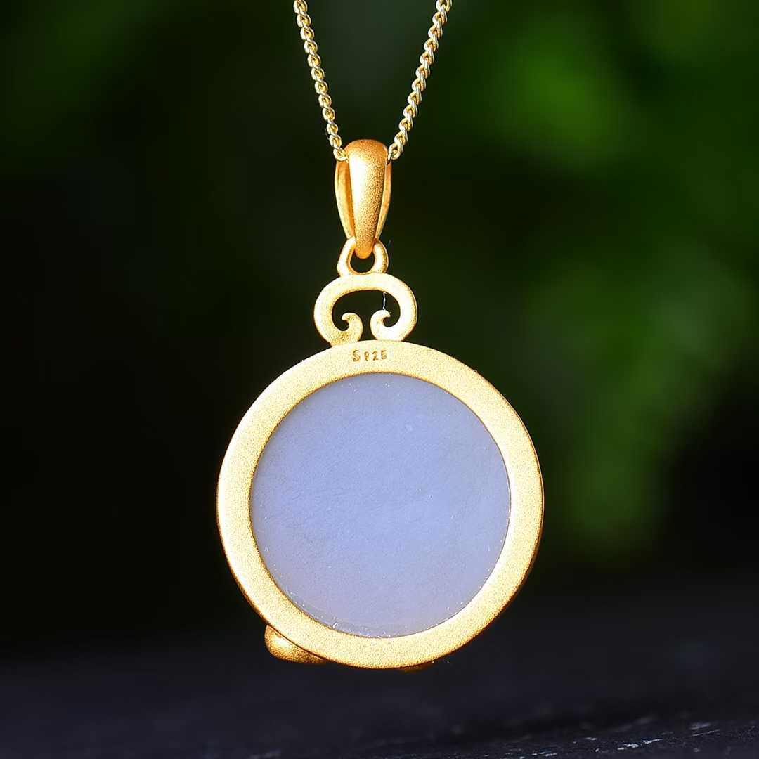 925 Silver Inlaid Hetian Nephrite "Smoky Gray Round Drum Rabbit" Pendant - jewelry - weilin.com