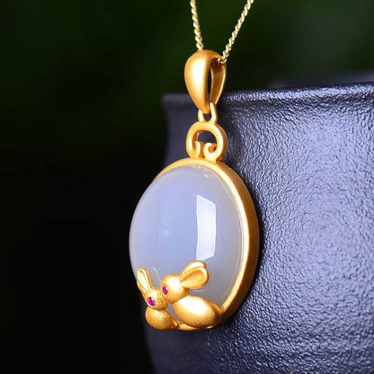 925 Silver Inlaid Hetian Nephrite "Smoky Gray Round Drum Rabbit" Pendant - jewelry - weilin.com
