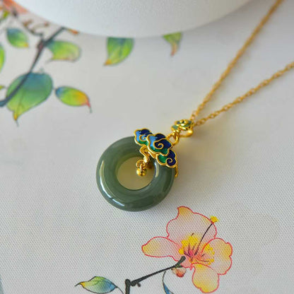 925 Silver Inlaid Hetian Nephrite "Sunny Water Variety & Auspicious Clouds Peace Ring" Pendant - jewelry - weilin.com