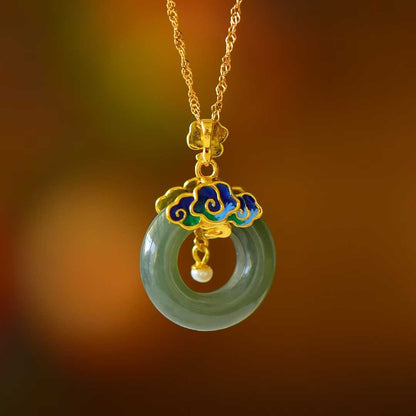 925 Silver Inlaid Hetian Nephrite "Sunny Water Variety & Auspicious Clouds Peace Ring" Pendant - jewelry - weilin.com