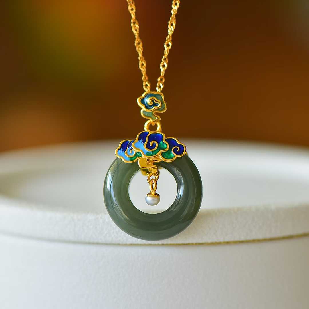925 Silver Inlaid Hetian Nephrite "Sunny Water Variety & Auspicious Clouds Peace Ring" Pendant - jewelry - weilin.com