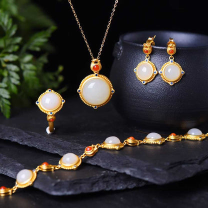 925 Silver Inlaid Hetian Nephrite "Thick Matte Gold" Jewelry Set Series - jewelry - weilin.com