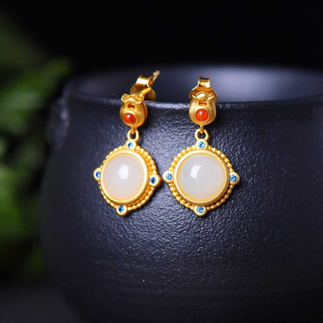 925 Silver Inlaid Hetian Nephrite "Thick Matte Gold" Jewelry Set Series - jewelry - weilin.com