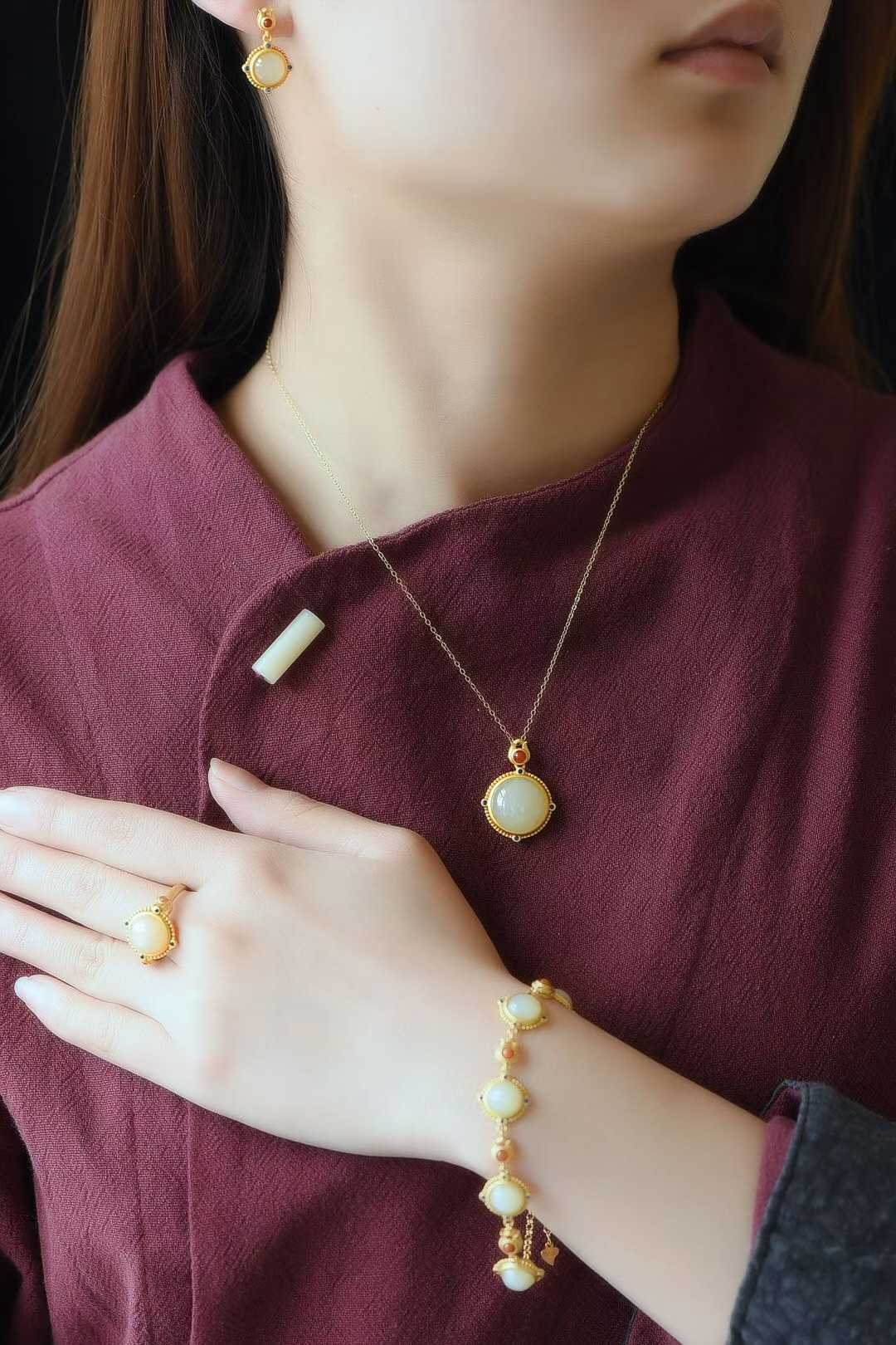 925 Silver Inlaid Hetian Nephrite "Thick Matte Gold" Jewelry Set Series - jewelry - weilin.com