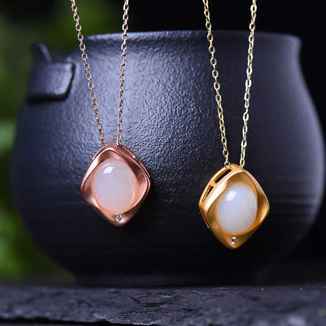 925 Silver Inlaid Hetian Nephrite "Thick Matte Gold & Small Ruyi" Pendant - jewelry - weilin.com