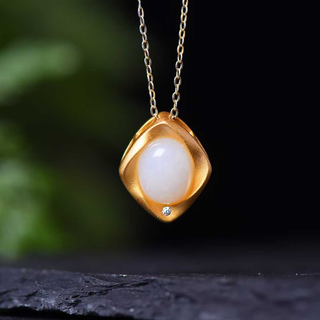 925 Silver Inlaid Hetian Nephrite "Thick Matte Gold & Small Ruyi" Pendant - jewelry - weilin.com