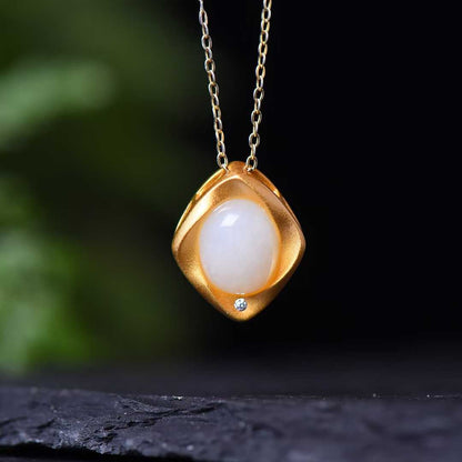 925 Silver Inlaid Hetian Nephrite "Thick Matte Gold & Small Ruyi" Pendant - jewelry - weilin.com