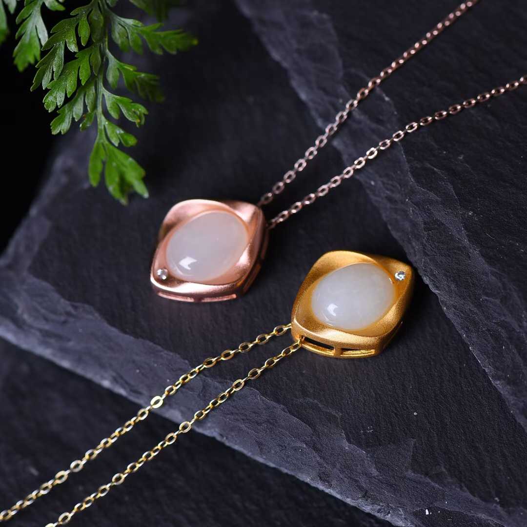 925 Silver Inlaid Hetian Nephrite "Thick Matte Gold & Small Ruyi" Pendant - jewelry - weilin.com