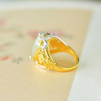 925 Silver Inlaid Hetian Nephrite "Two Dragons Bringing Auspiciousness" Ring - jewelry - weilin.com
