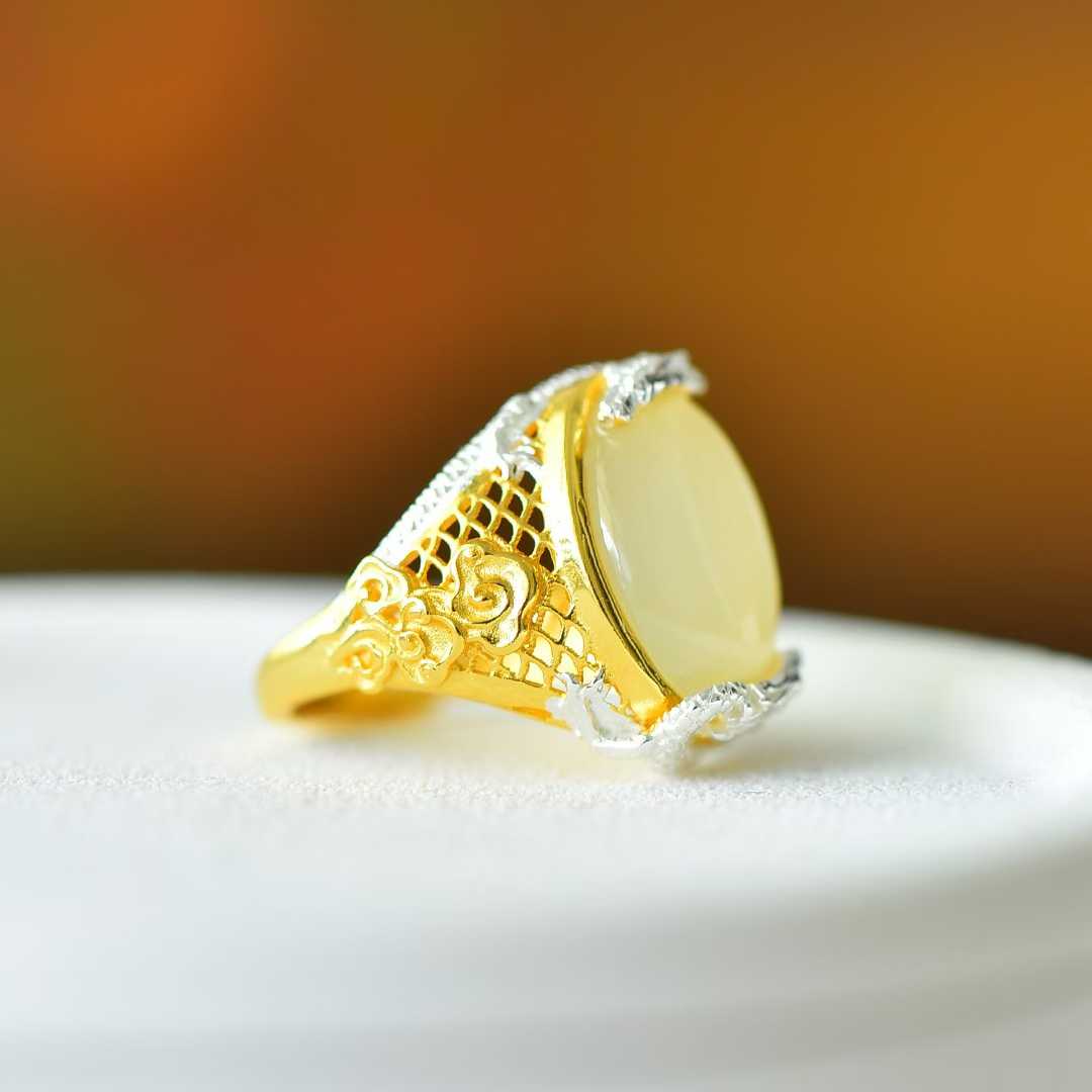 925 Silver Inlaid Hetian Nephrite "Two Dragons Bringing Auspiciousness" Ring - jewelry - weilin.com