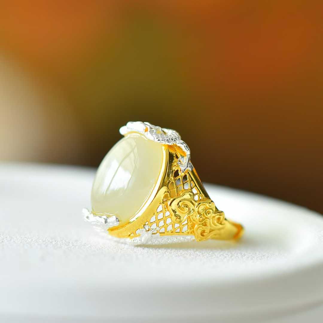 925 Silver Inlaid Hetian Nephrite "Two Dragons Bringing Auspiciousness" Ring - jewelry - weilin.com
