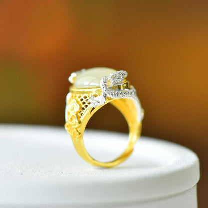 925 Silver Inlaid Hetian Nephrite "Two Dragons Bringing Auspiciousness" Ring - jewelry - weilin.com
