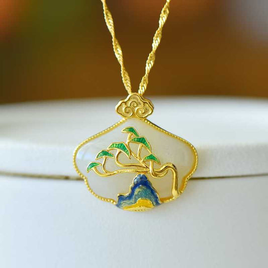 925 Silver Inlaid Hetian Nephrite "Wanli Rivers & Mountains" Ruyi Lock Pendant - jewelry - weilin.com