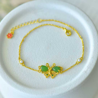 925 Silver Inlaid Hetian Nephrite "Water Drop & Butterfly" Bracelet - jewelry - weilin.com