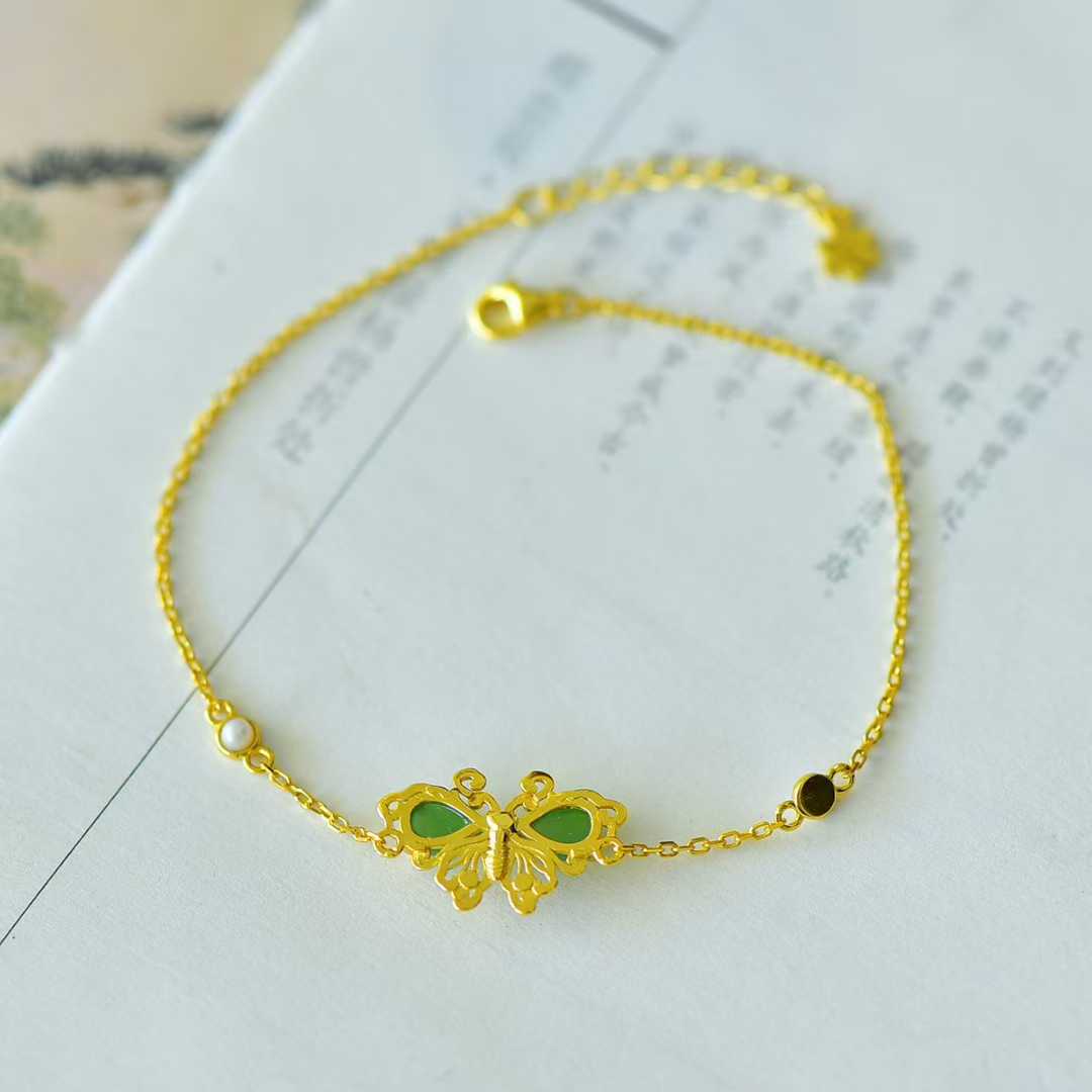 925 Silver Inlaid Hetian Nephrite "Water Drop & Butterfly" Bracelet - jewelry - weilin.com