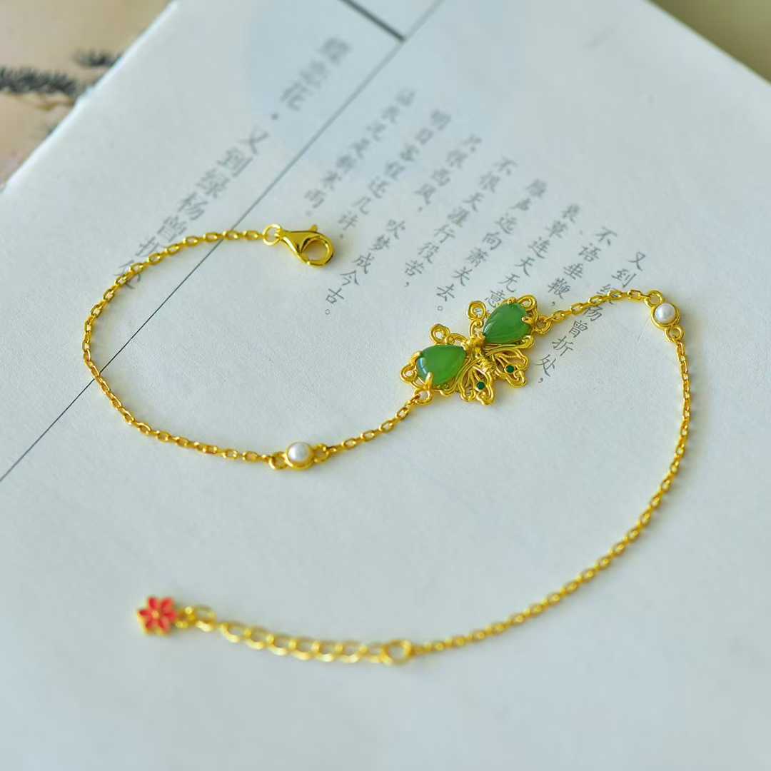 925 Silver Inlaid Hetian Nephrite "Water Drop & Butterfly" Bracelet - jewelry - weilin.com