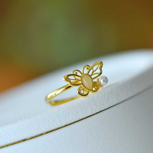 925 Silver Inlaid Hetian Nephrite "Water Drop & Butterfly" Hollow - Out Ring - jewelry - weilin.com