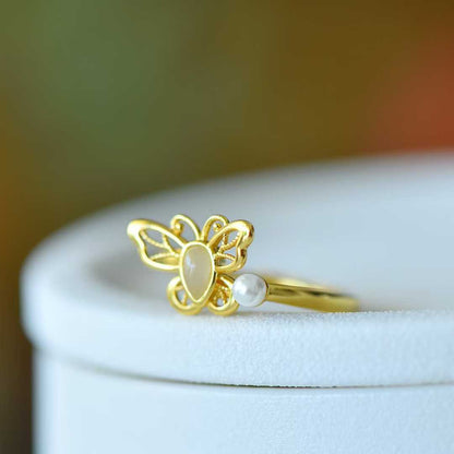 925 Silver Inlaid Hetian Nephrite "Water Drop & Butterfly" Hollow - Out Ring - jewelry - weilin.com